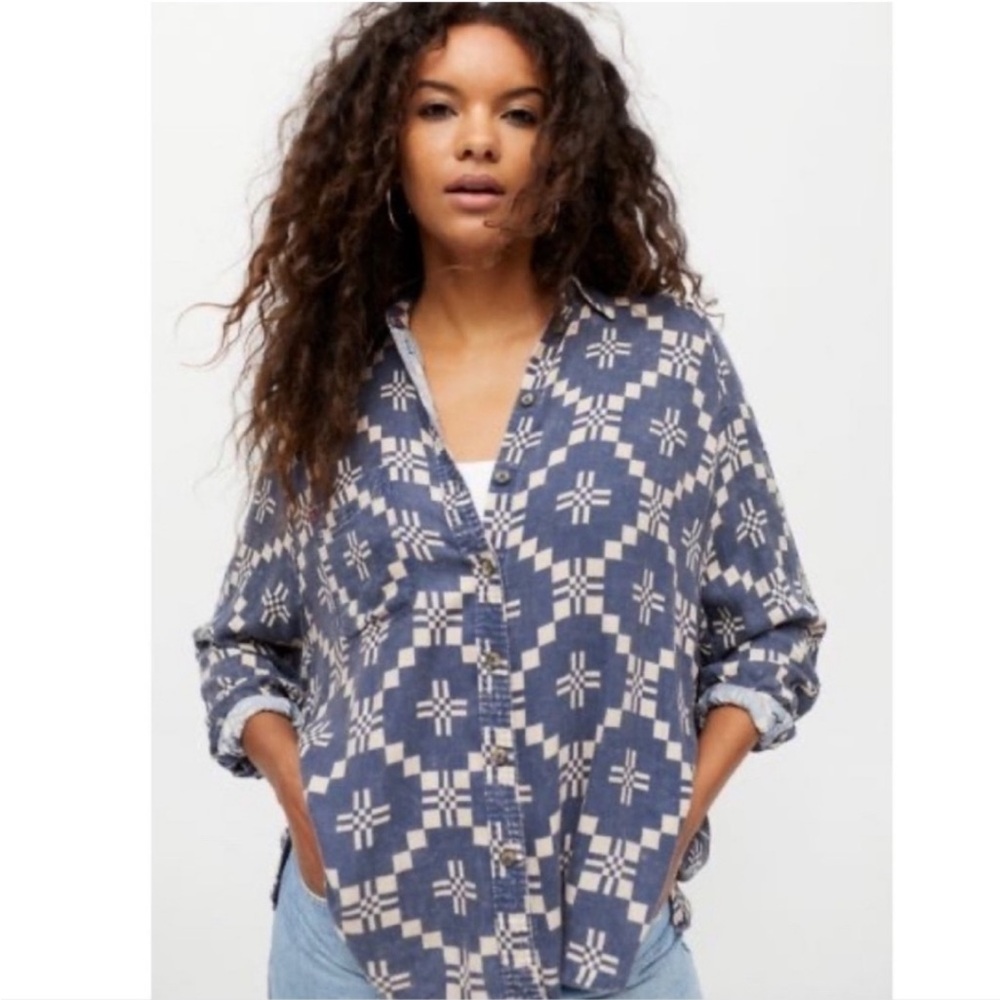 BDG UO Keanu Drapey Flannel Button Down Shirt Geometric Diamond Blue XS